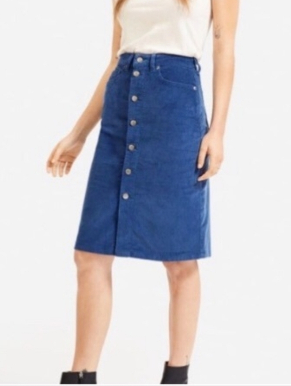 Everlane Skirt Womens  Baby Blue Button Front Corduroy Straight Pockets Midi 30 - Picture 2 of 11